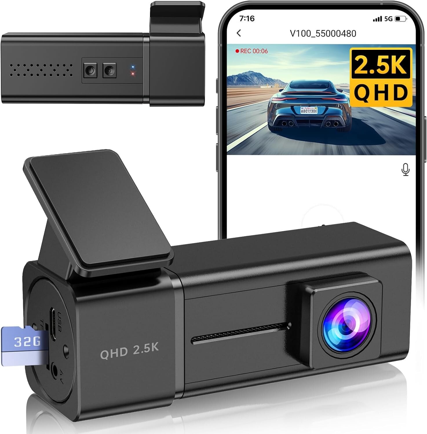 2.5k WiFi Dashcams,Dash Camera with APP, 32 GB SD,Night Vision