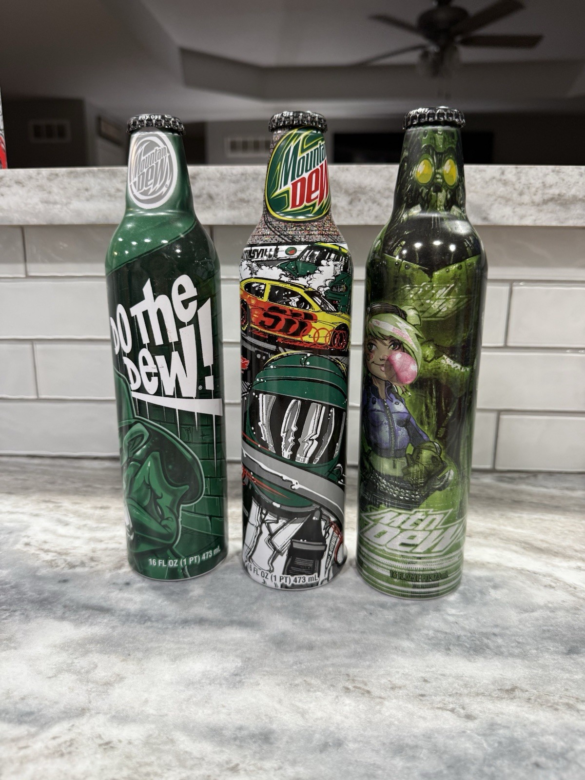Mountain Dew Aluminum Bottles Lot of 3 16oz Limited Edition Graphic Unopened