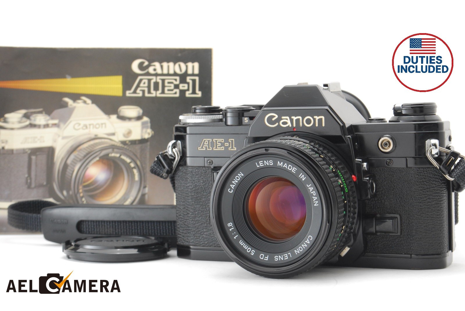 【NEAR MINT】 Canon AE-1 Black 35mm Film Camera New FD 50mm F1.8 Lens JAPAN #1535
