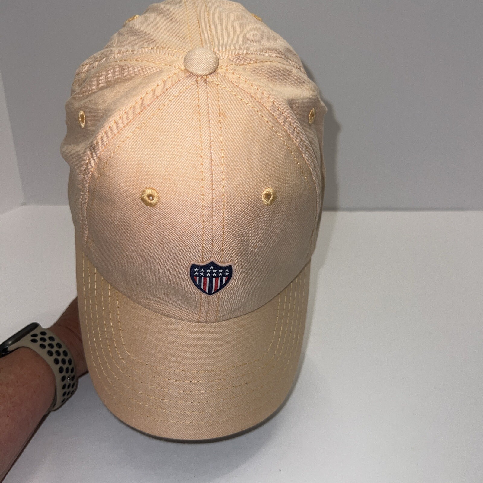 Stars and Stripes RWB Patch on Peach Linen Like Hat Cap American Needle BrandEUC