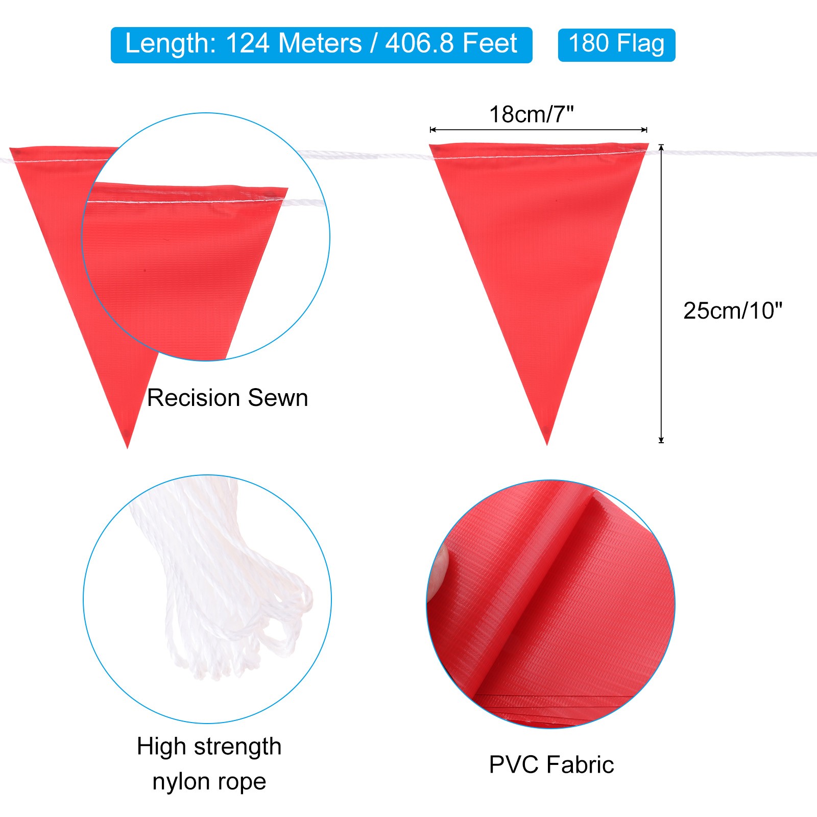 407ft Pennant Banner Flags, Warning Flagging Banner, 180 Flags Red