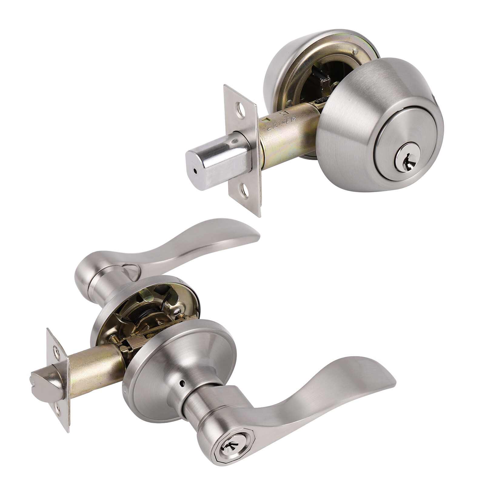 Front Entry Door Handle Lock Set Wave Lever Double Cylinder Deadbolt Keyed Alike
