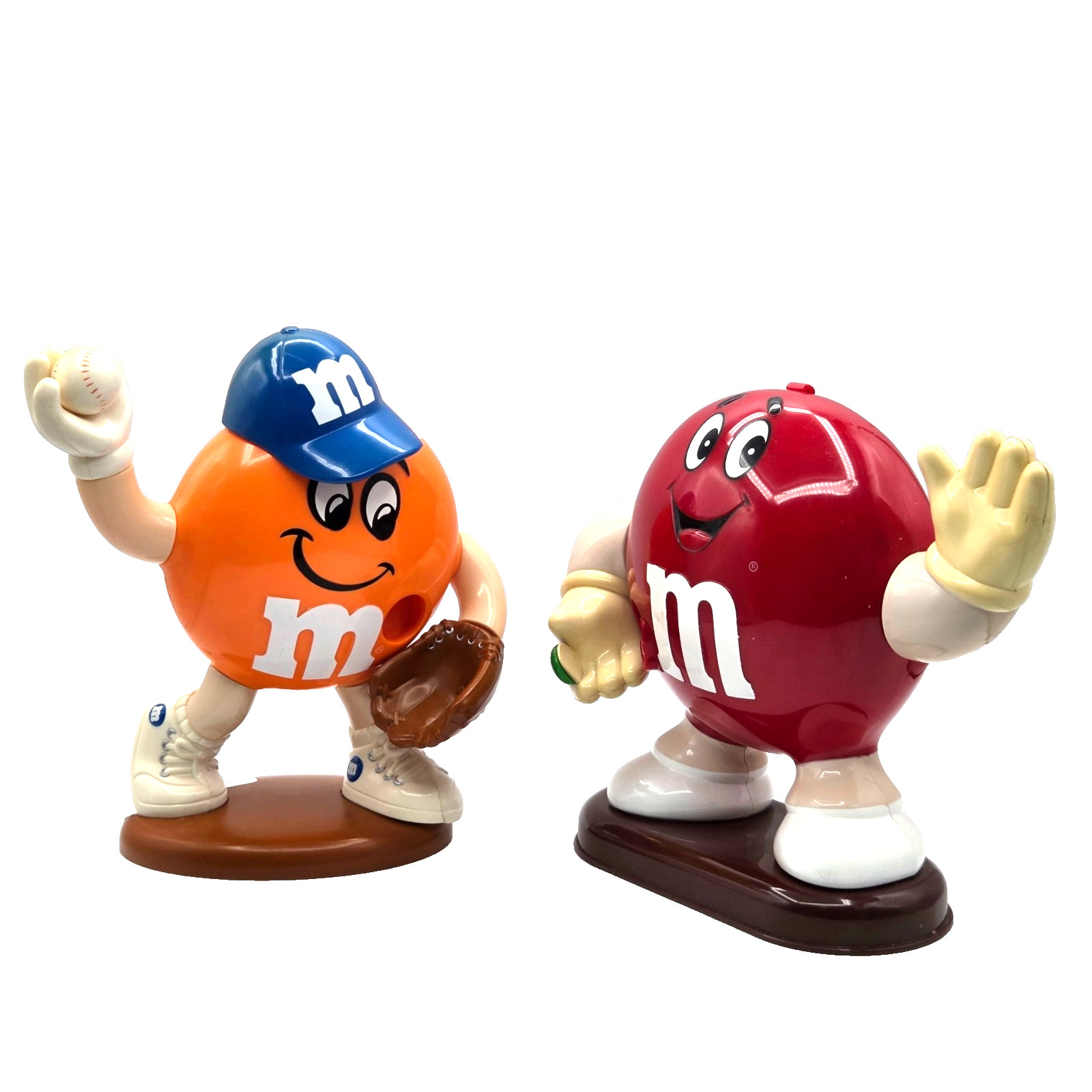TWO Vintage 90s M&M’s Candy Dispensers ORANGE/Blue Hat & Baseball RED /Green MM