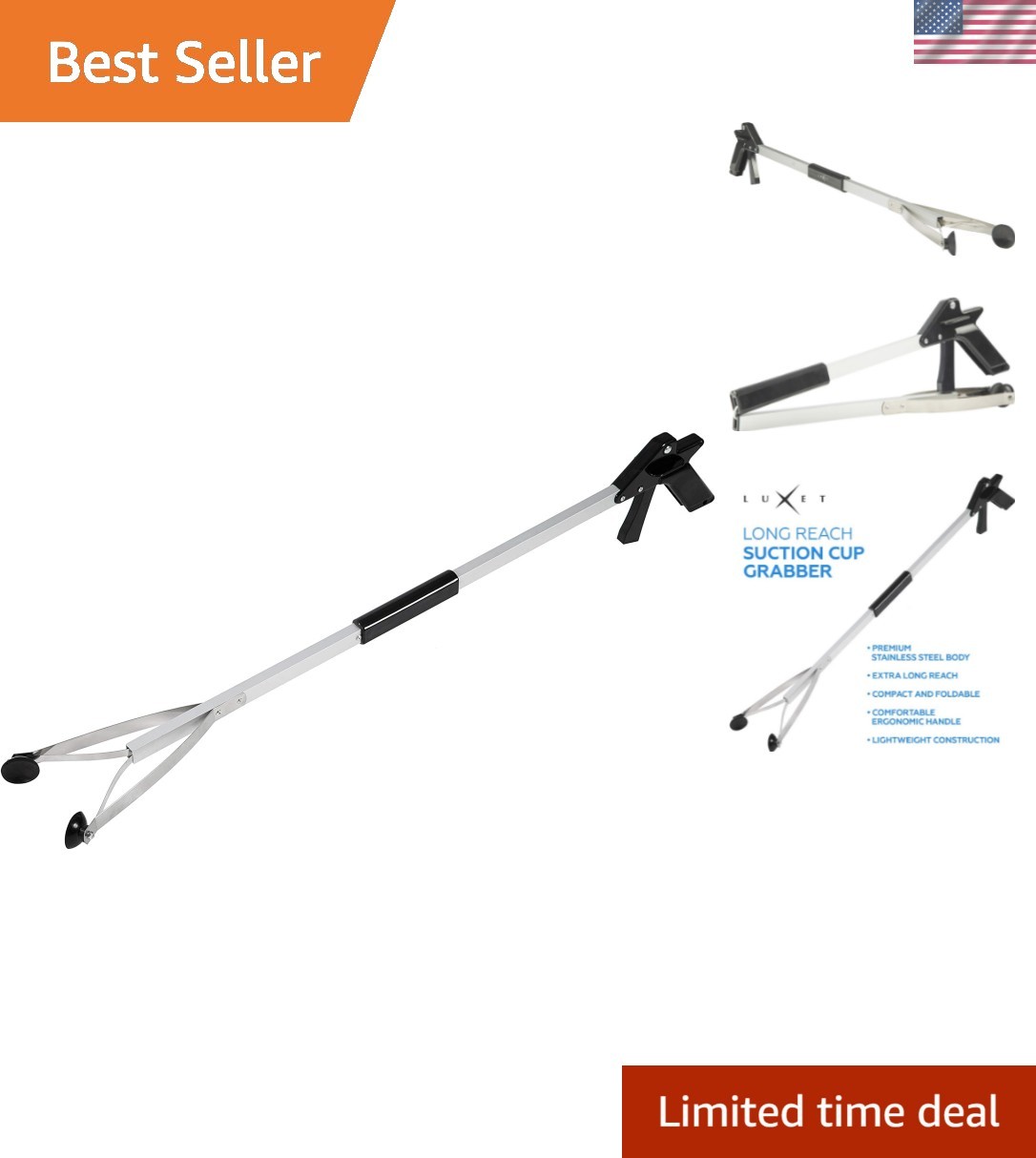 Heavy Duty 32" Aluminum Grabber with Suction Cup - Foldable Trash Picker Tool