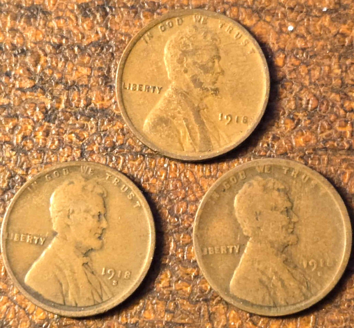 (1918-P/D/S)  Lot of 3 Lincoln Cents  in VG + to VF Condition, Brown Color