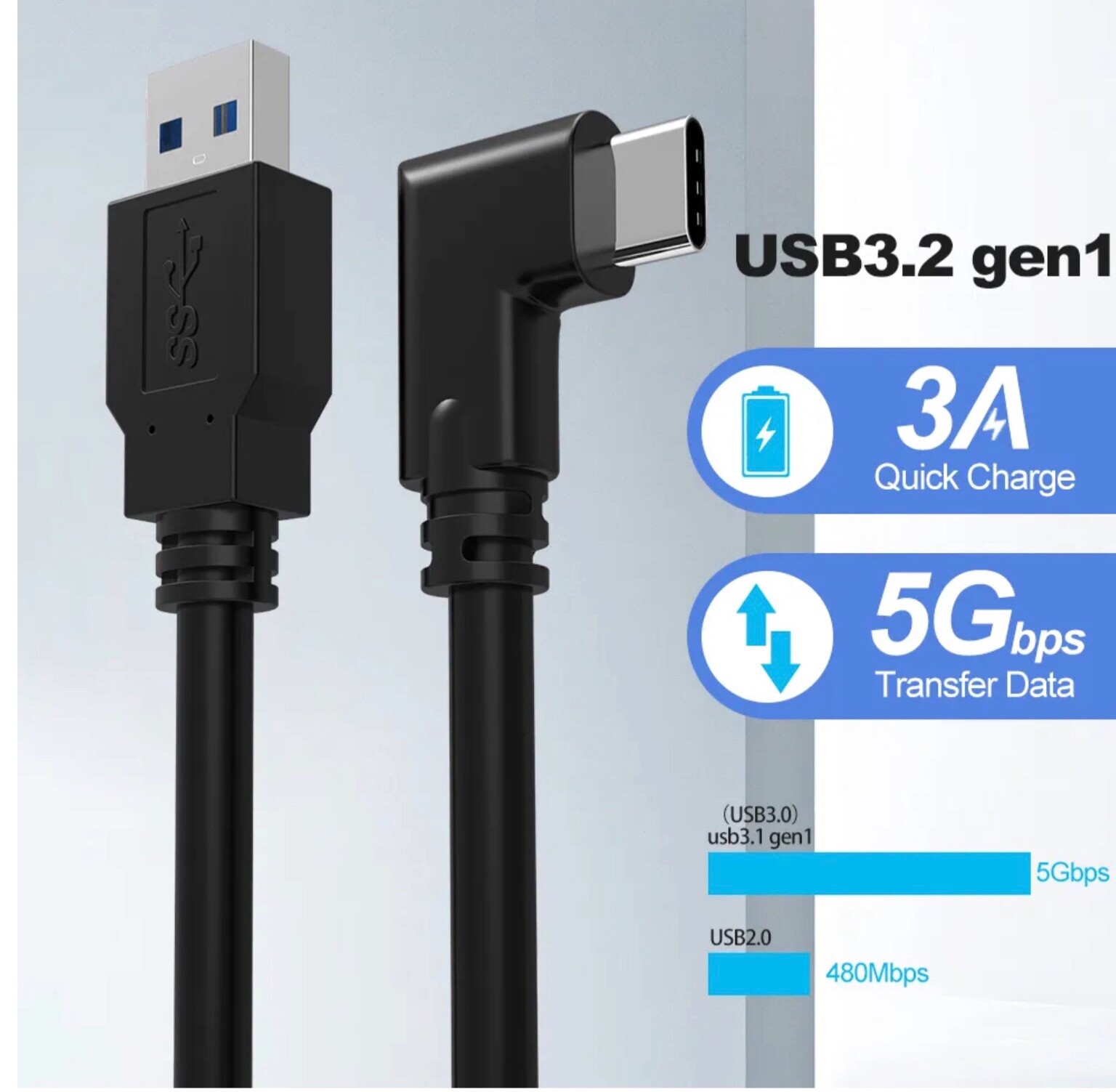 20ft Link Cable for Oculus Quest. USB-A to Right Angle USB-C