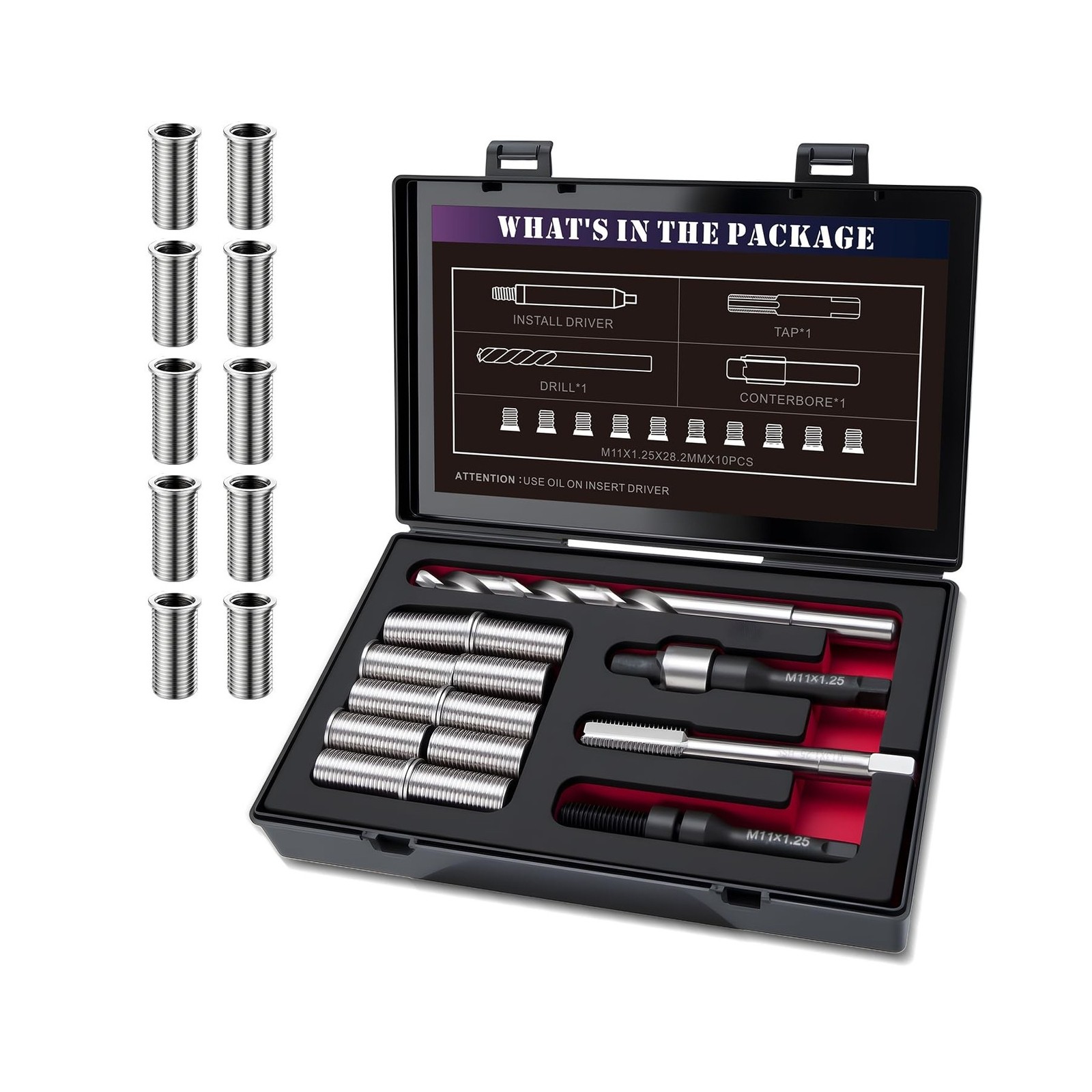 M11X1.25X28.2MM Thread Repair Kit with Insert HSS Drill, Tap, Counterbore, In...