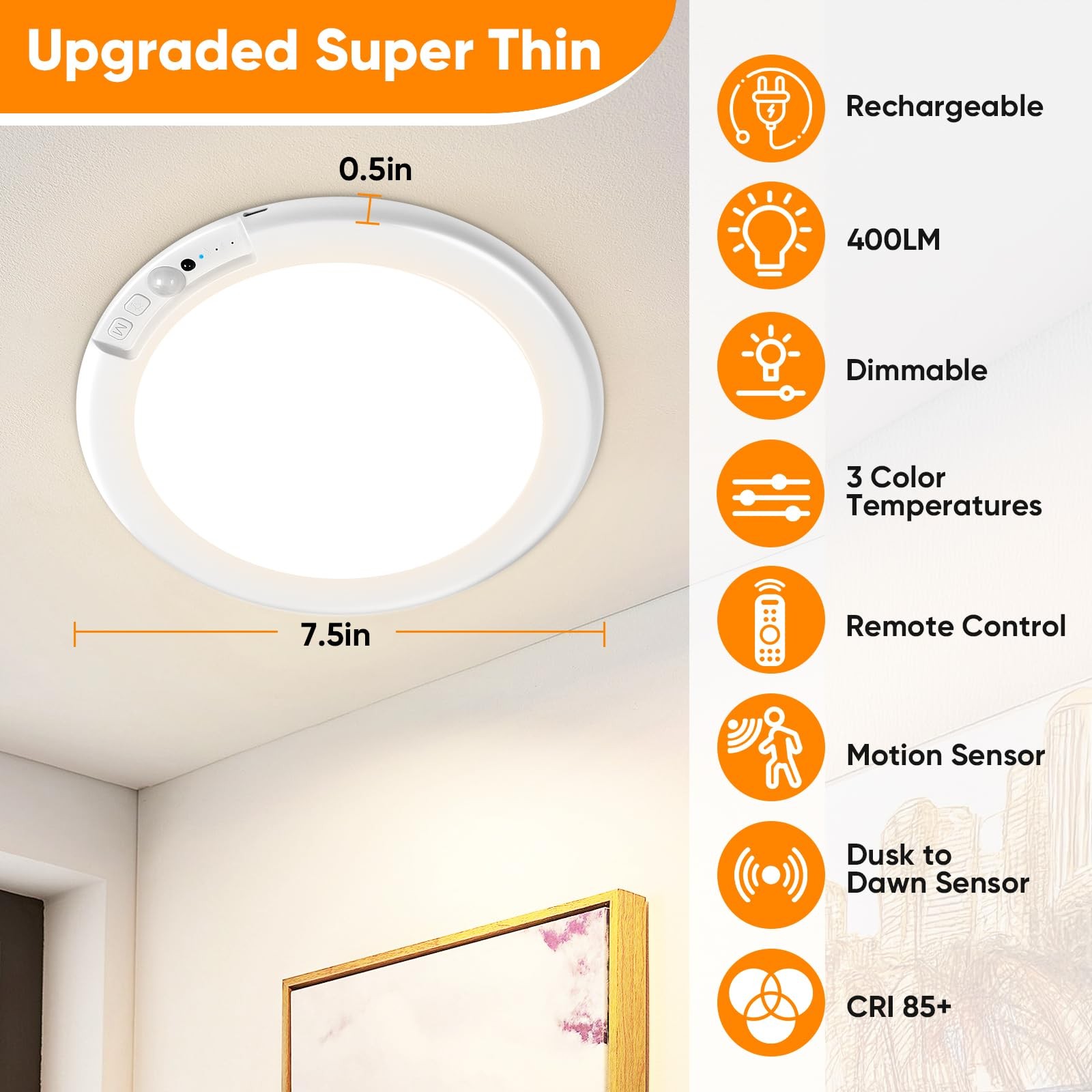 Rechargeable Motion Sensor Ceiling Light with Remote, Battery Operated Ceiling