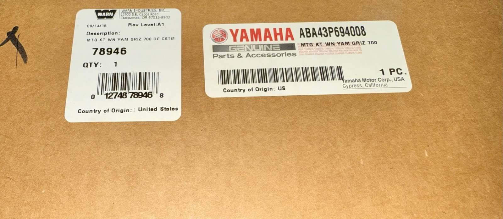 Yamaha/WARN Grizzly 700 winch mount kit 78946/ABA-43P69-40-08 New