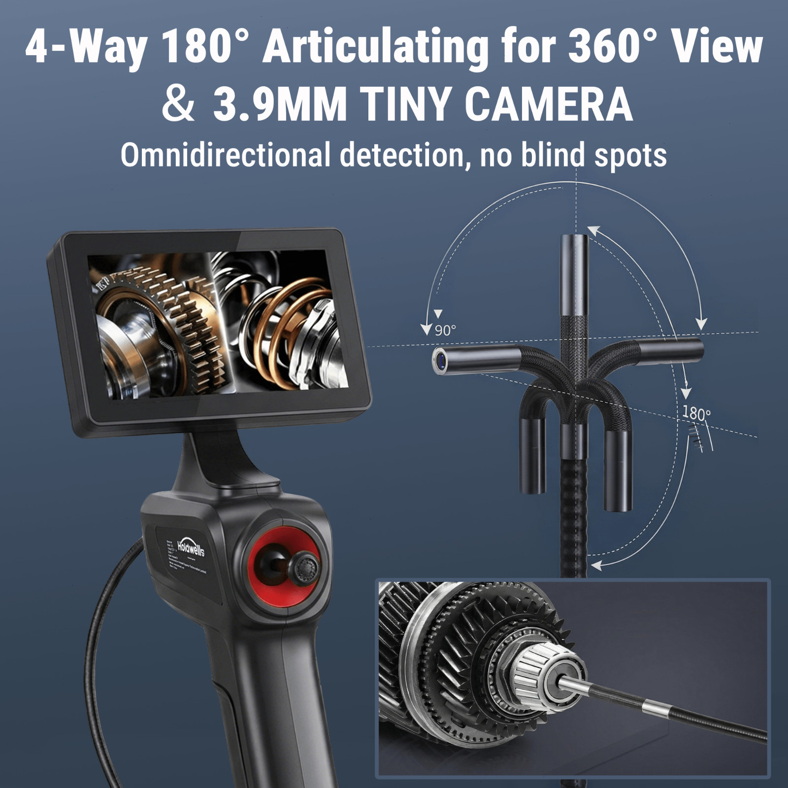 360° Articulating Borescope Camera, 3.9mm Borescope Endoscope with 5" IPS Screen