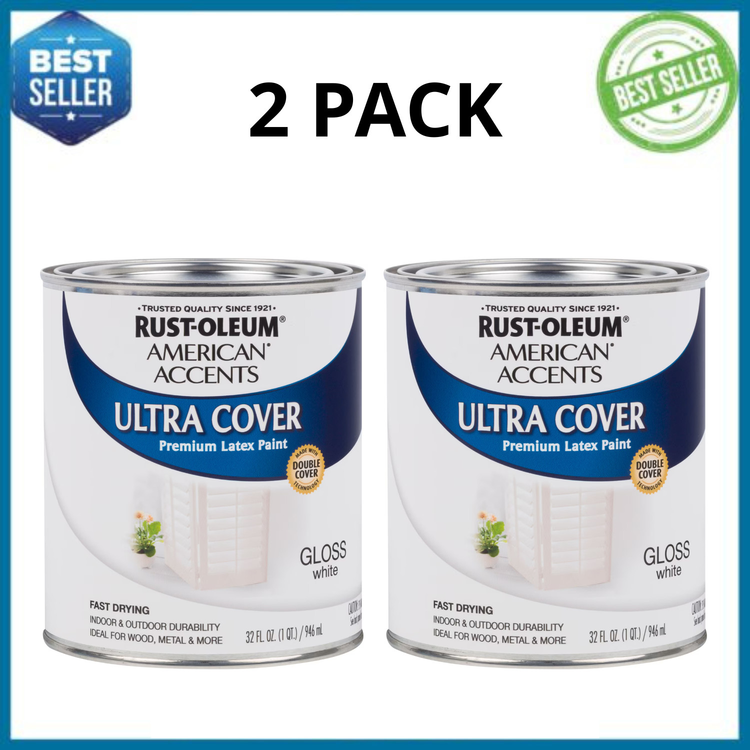 Rust-Oleum American Accents Ultra Cover Gloss White Paint Quart 276168, 2 Pack