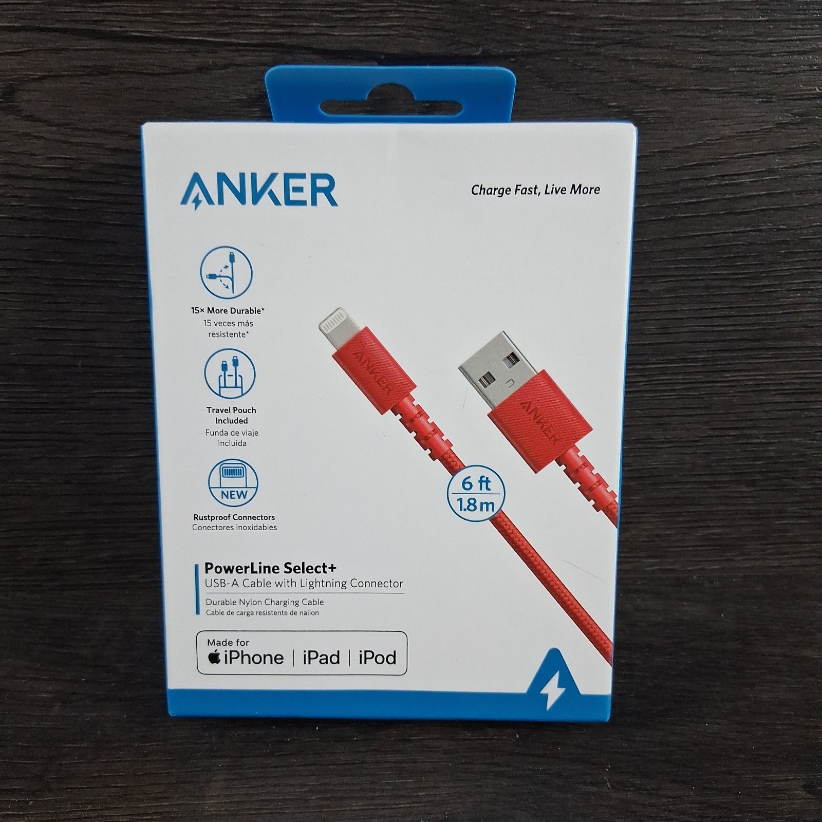 Anker USB-A Charging Cable For Apple Devices Red New