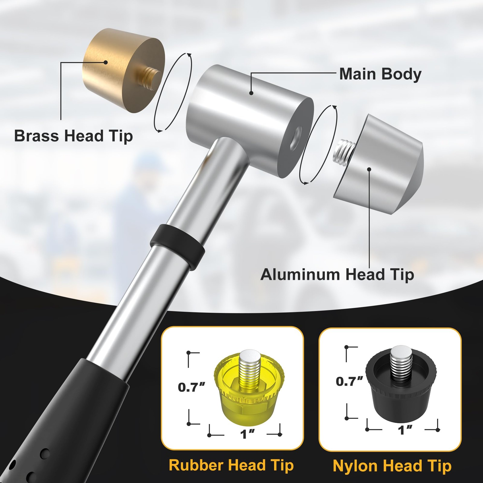 Marketty Nylon and brass multifunctional hammer, 4 interchangeable tips, 25mm...