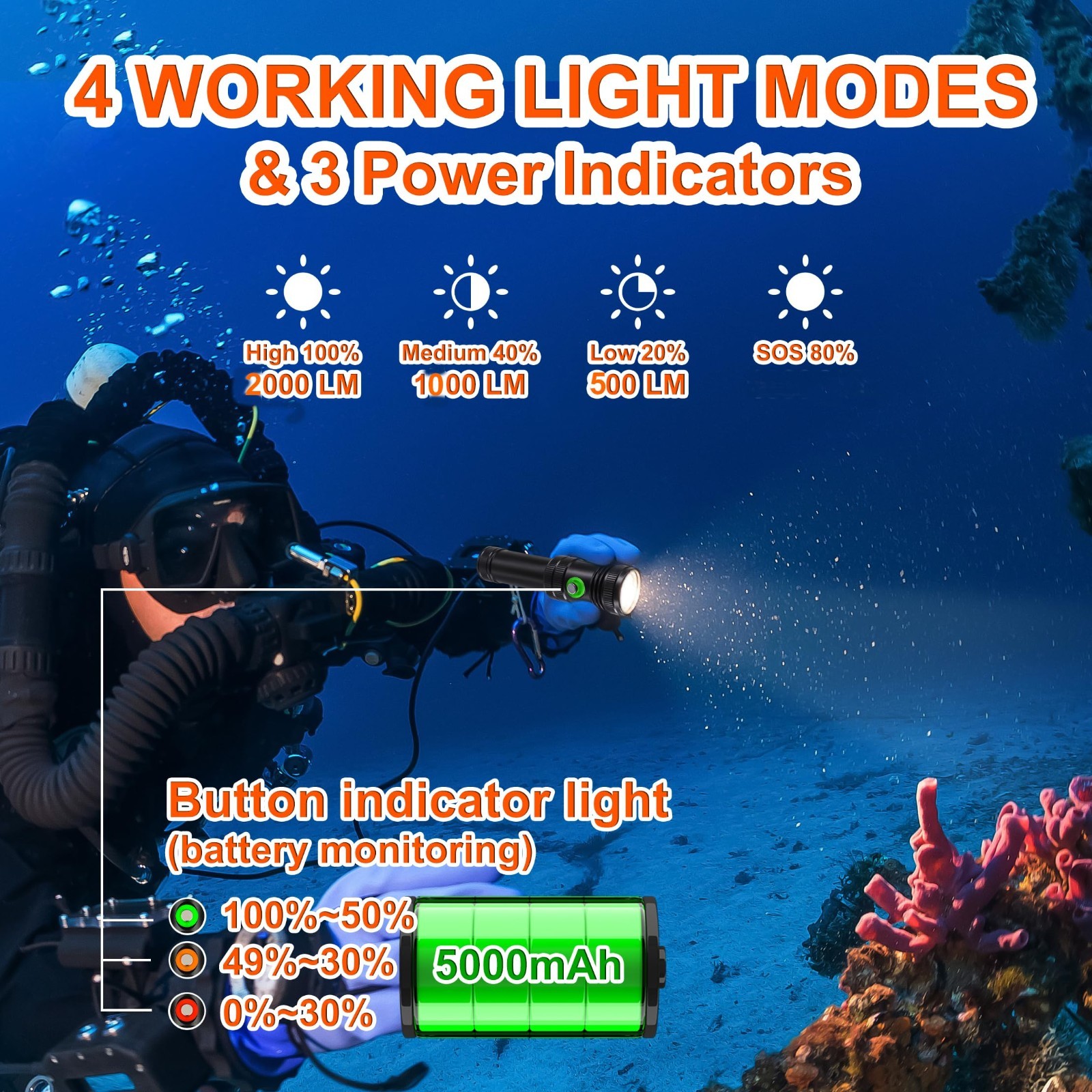 Super Bright 2000 Lumens Dive Light - 4 Modes, IP68 Waterproof, USB Rechargeable