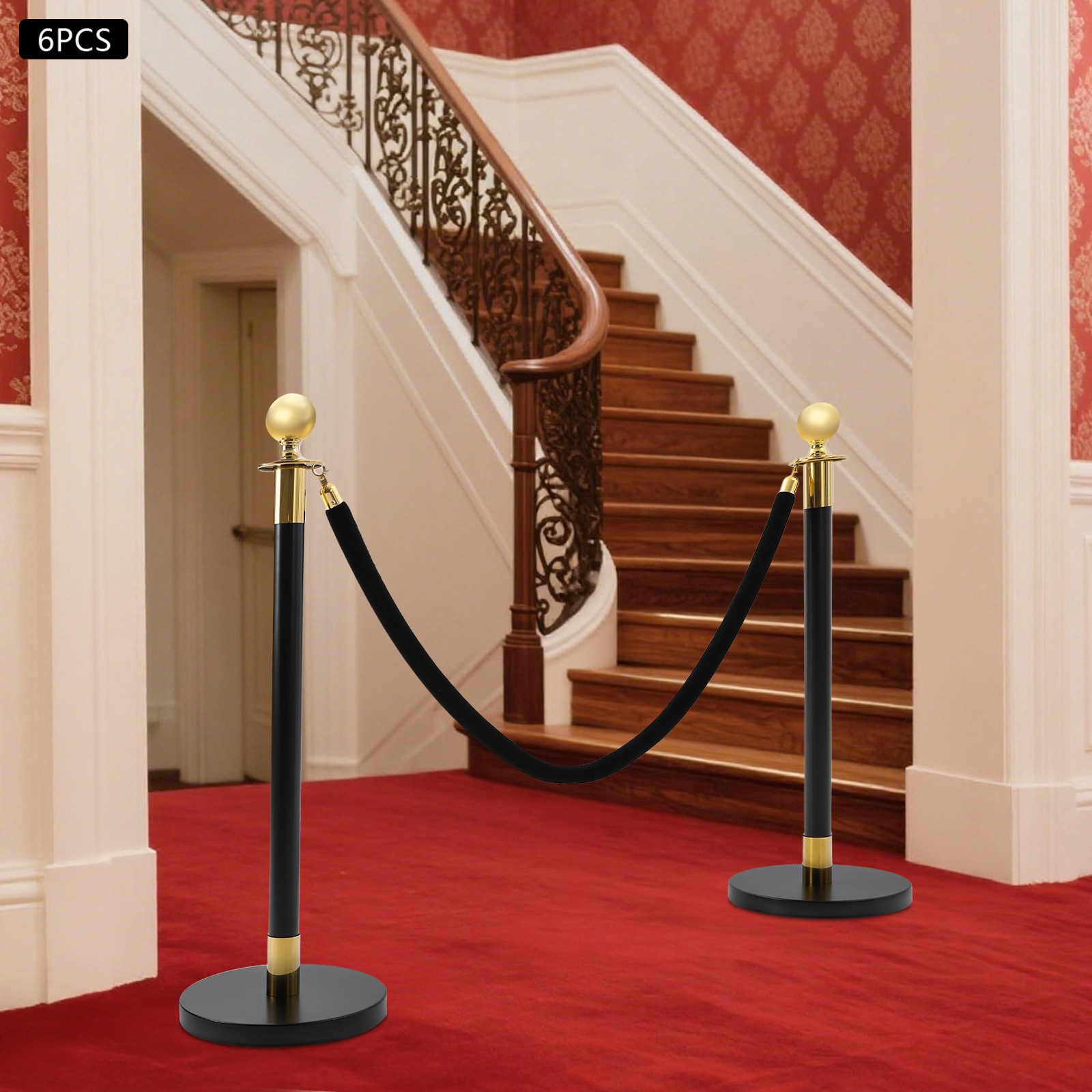 6PCS Black+Gold Stanchion Posts Queue Pole w/ 4 1.5M Ropes Crowd Control Barrier