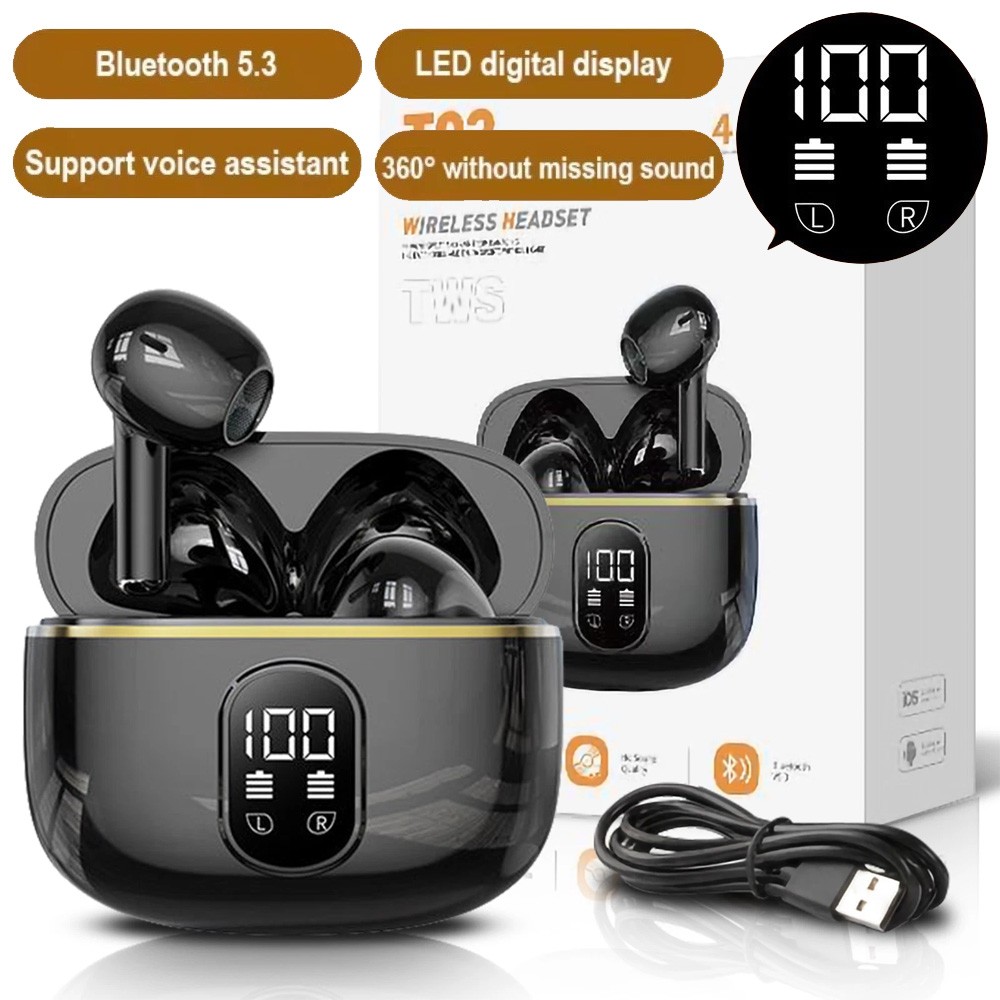 Bluetooth 5.3 Wireless Earbuds LED Display HiFi Sound IPX5 Waterproof Type-C