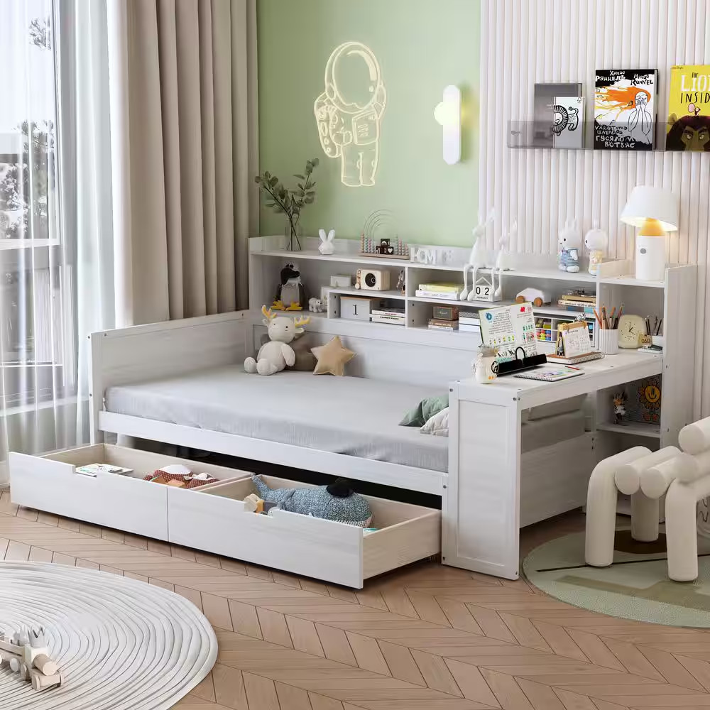 Antique White Multi-Functional Twin Size Wood Daybed with Storage Shelves, 2-Dra