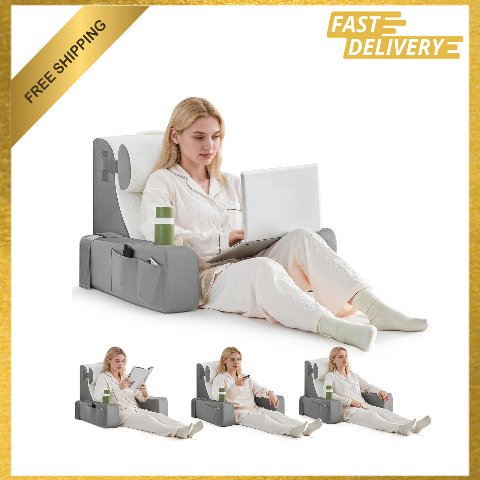 Reading Pillow for Bed with Adjustable Armrests Cup Holder and Large Pocket