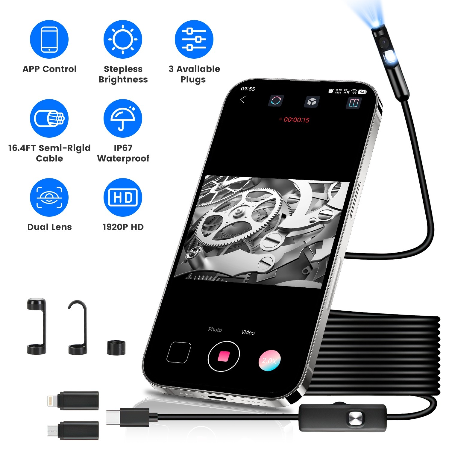 Endoscope Camera 1920P HD Inspection Borescope Tool APP Control Camera w/ Light