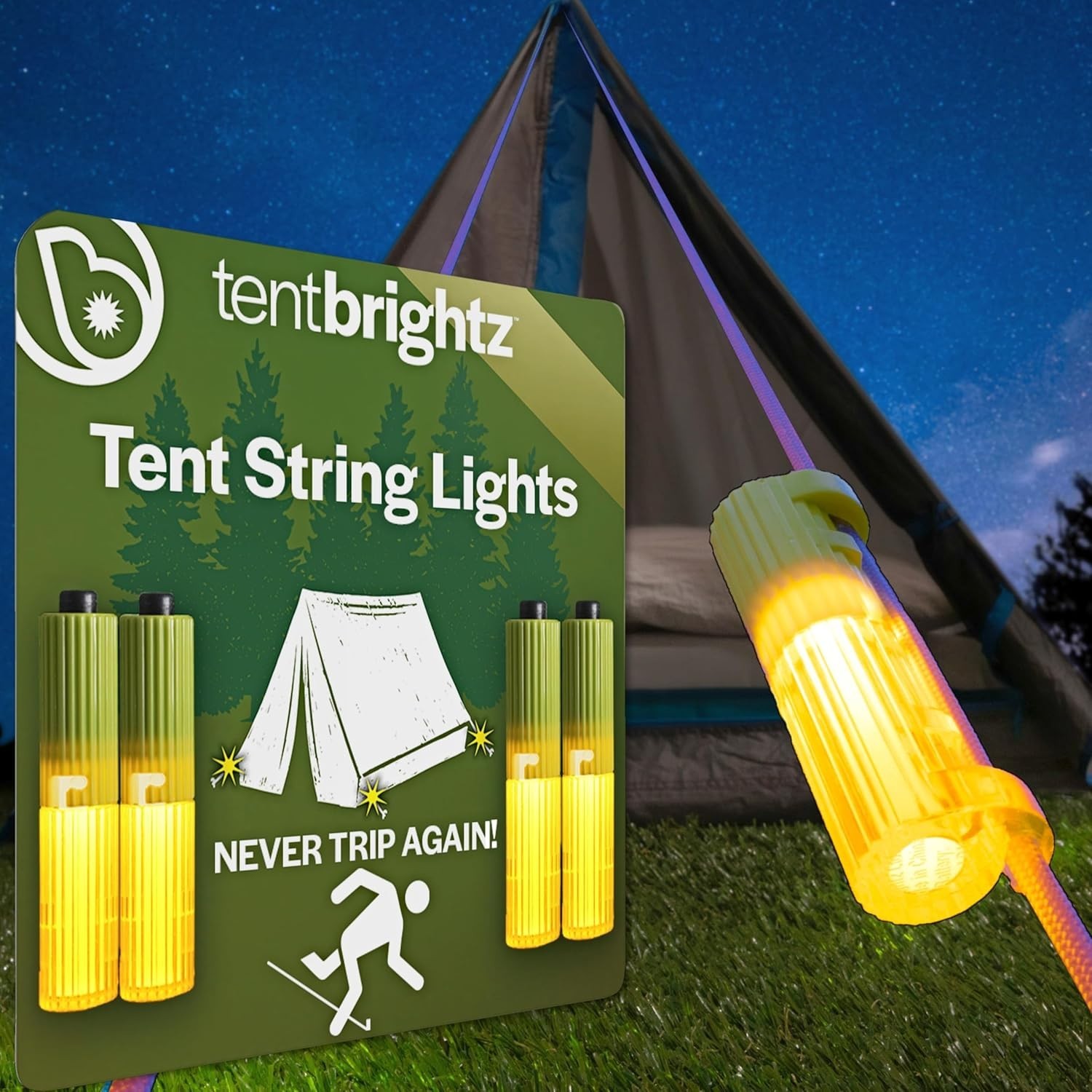 Brightz LED Tent String Lights - Keep Tent Guy-Lines Visible at Night - Campsite