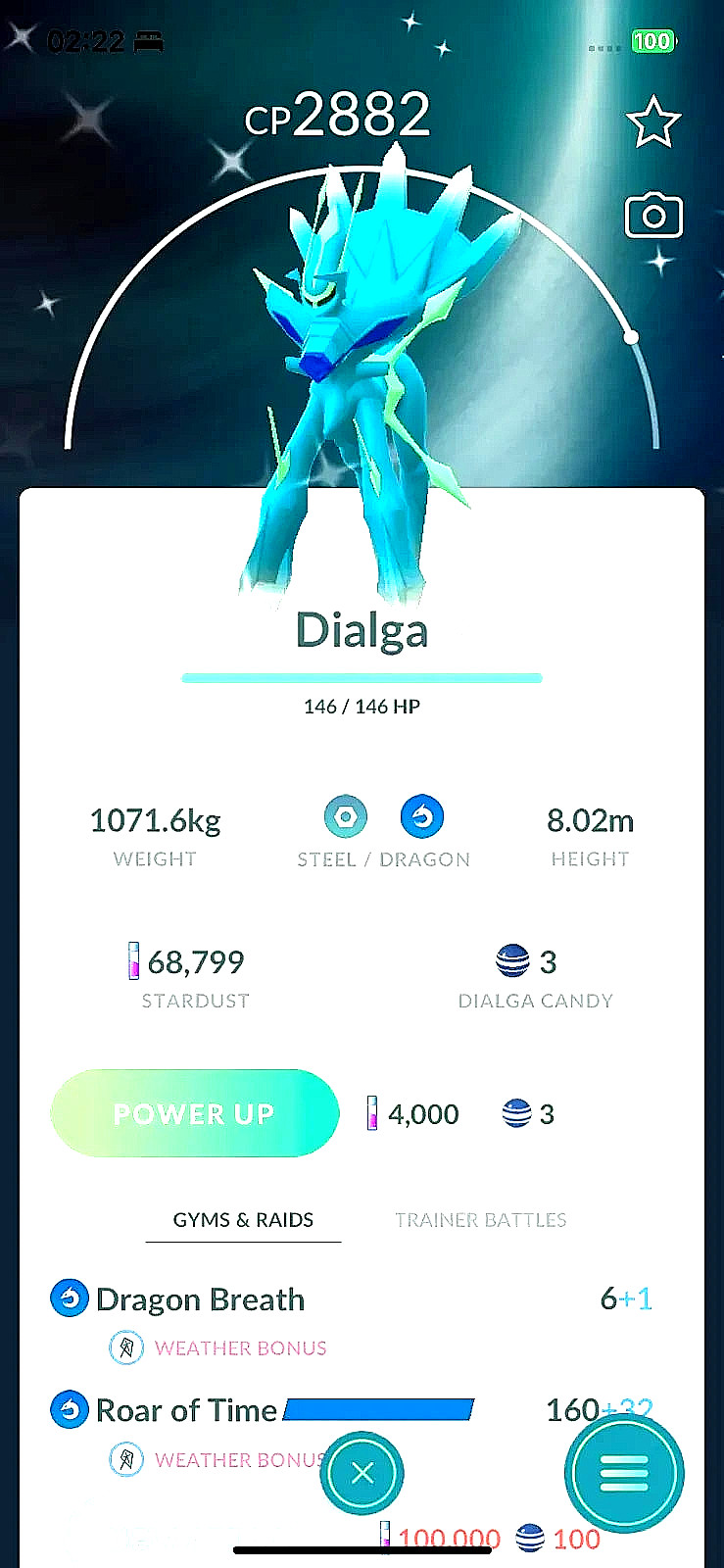 ✨Shiny Origin Dialga have Skill Roar Of Time ✨- P T C 20k stardust - Description