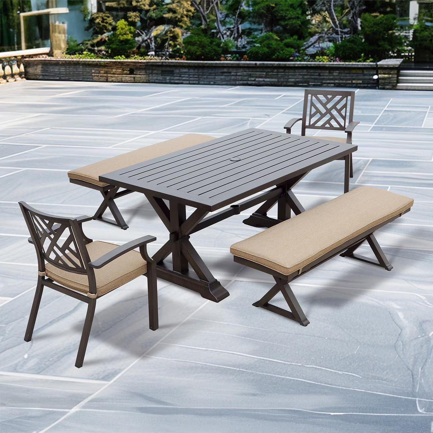 Brooklyn 5 Pc Aluminum Dining Set 67 X 39 Inch Table Benches & 2 Arm Chairs in