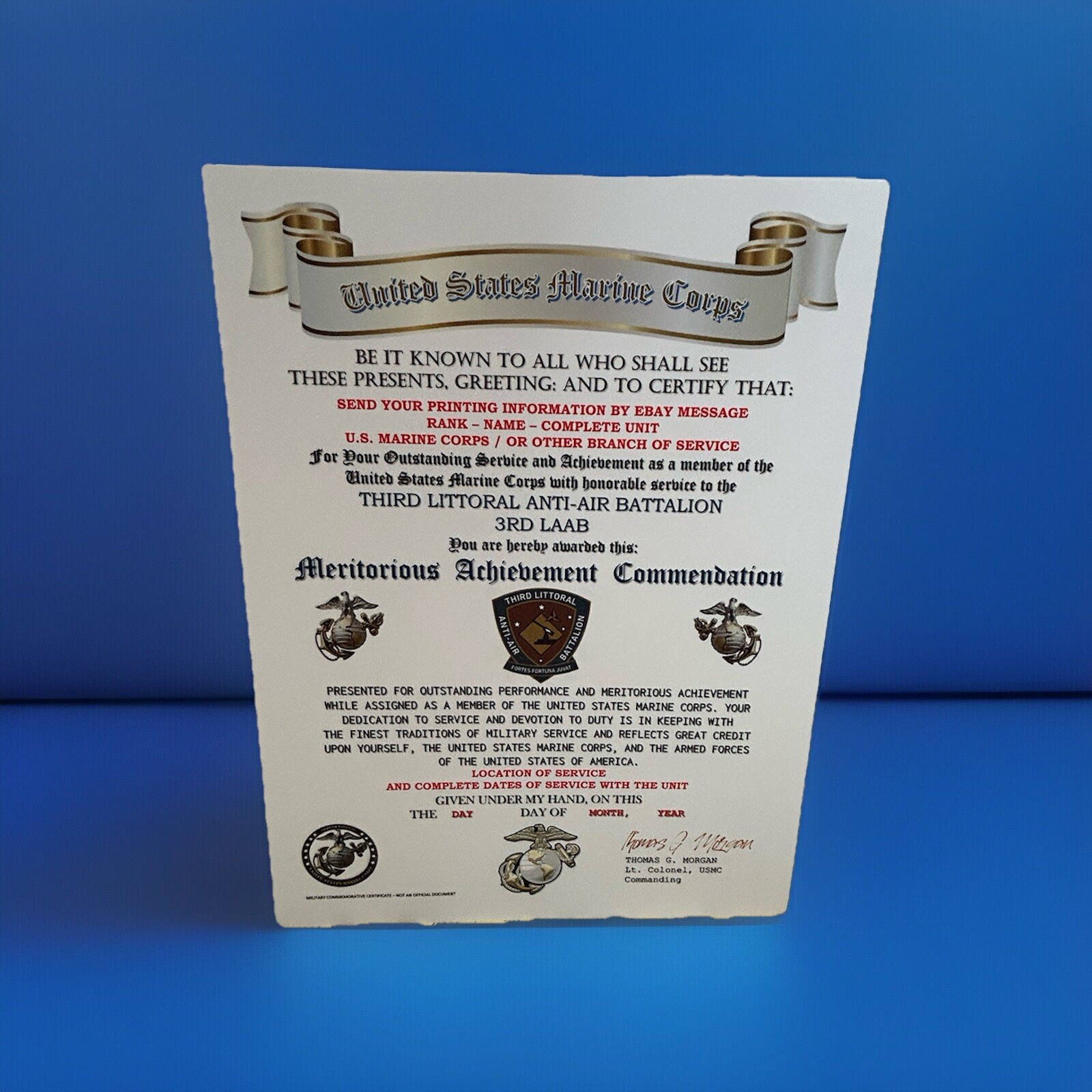U.S.M.C. / 3RD LITTORAL A.A. BATTALION / MERITORIOUS ACHIEVEMENT COMMENDATION