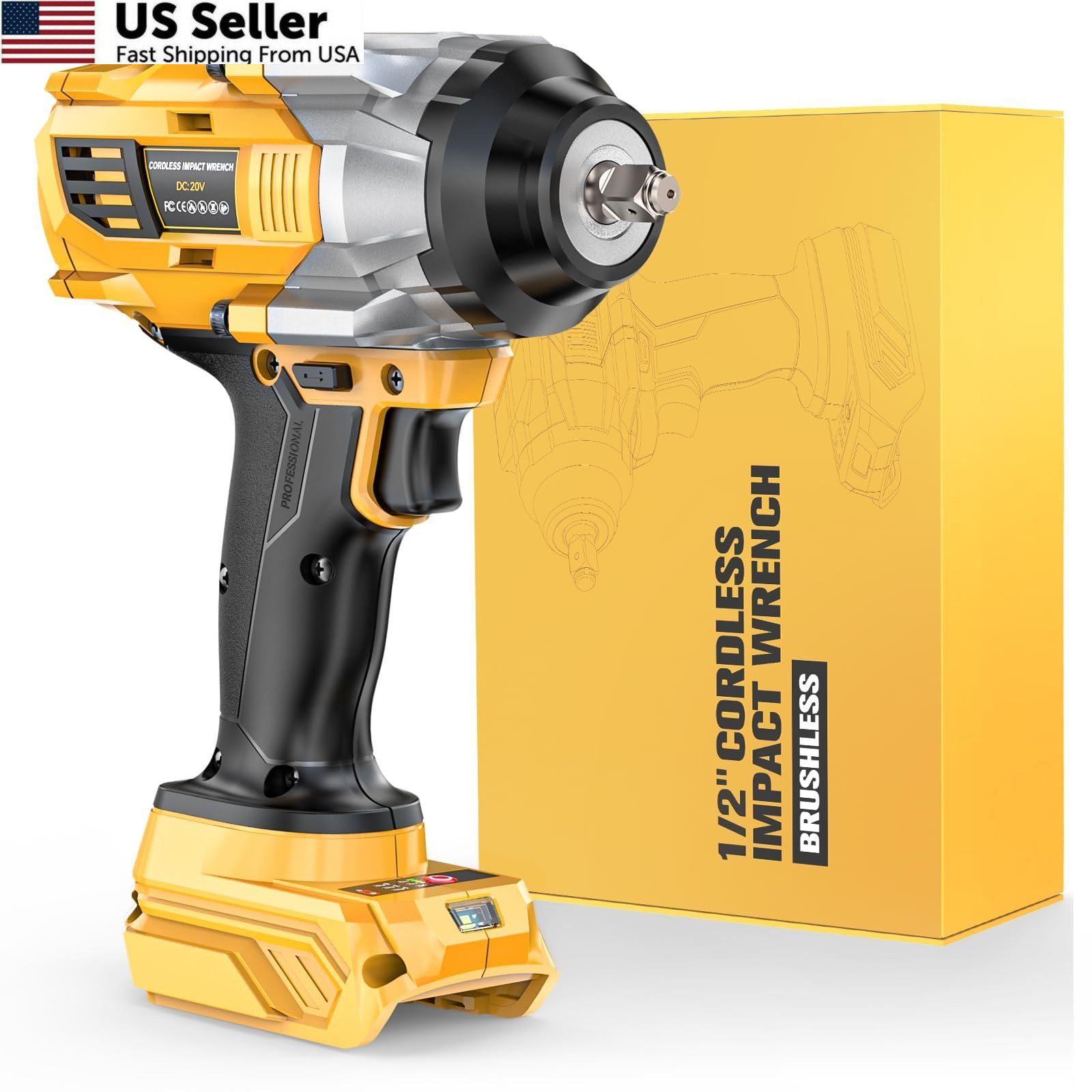 NATBEESY Cordless Impact Wrench Compatible with DeWalt 20V Battery: Yellow