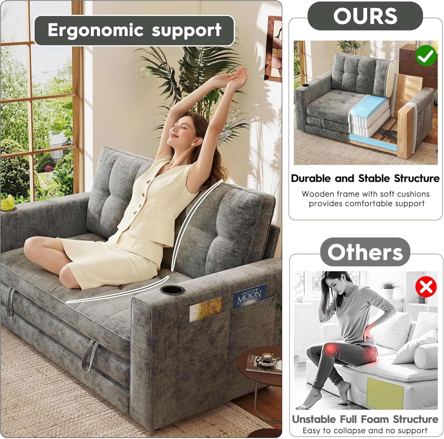 Compact 55" Grey Chenille Convertible Sofa Bed with Cup Holder & Pillow
