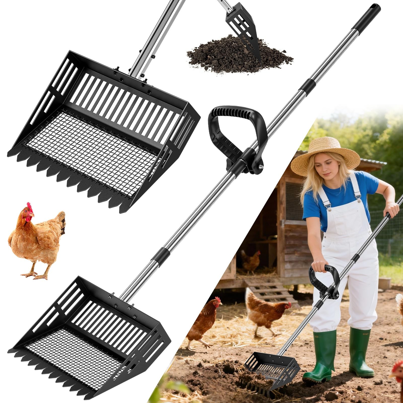 2-in-1 Chicken Poop Scooper & Rake with Ergonomic Non-Slip Handle, Adjustable...