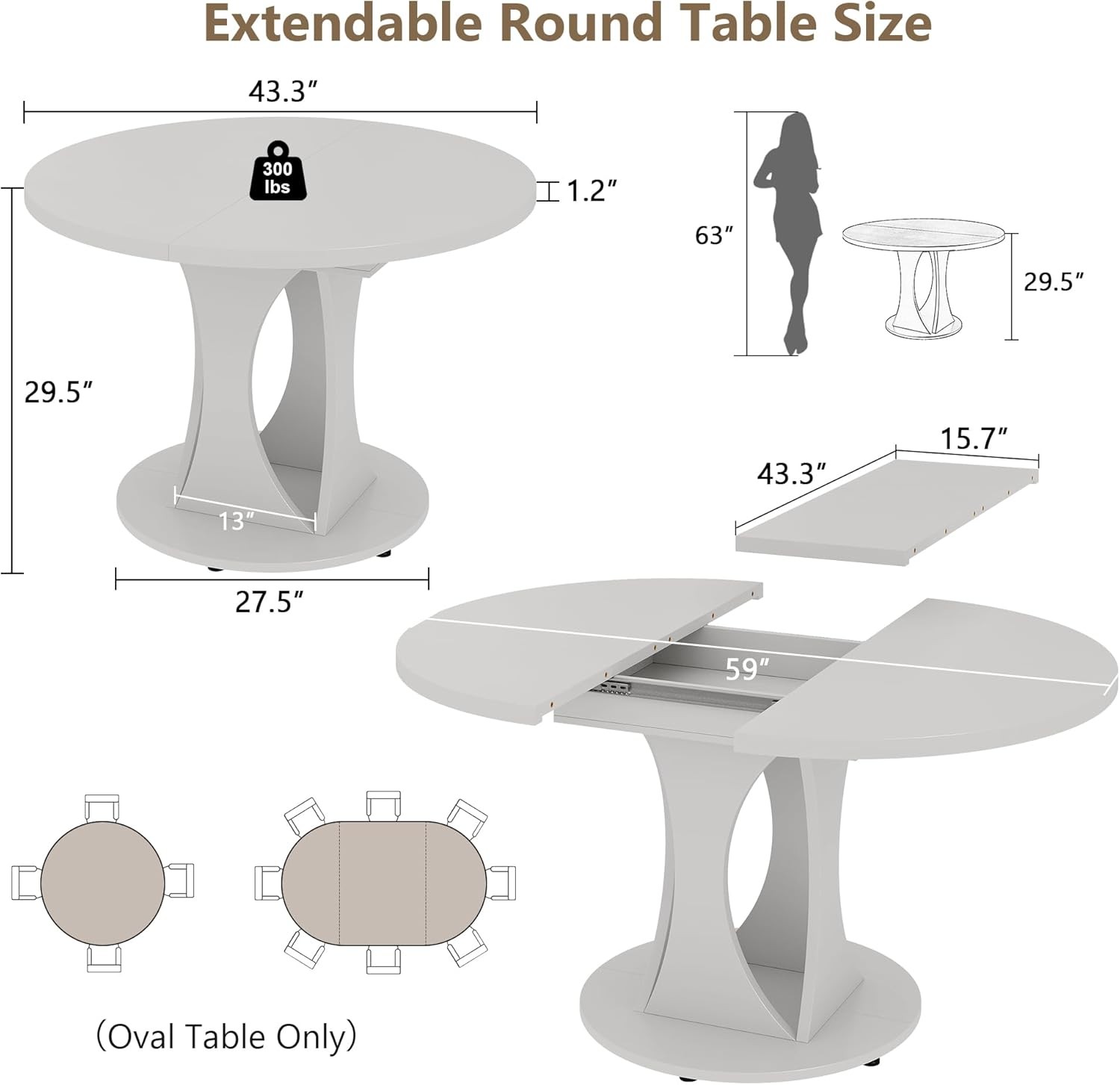 59" Extendable Round Dining Table 6-8 Kitchen Table W/ Sturdy Double Arc Base