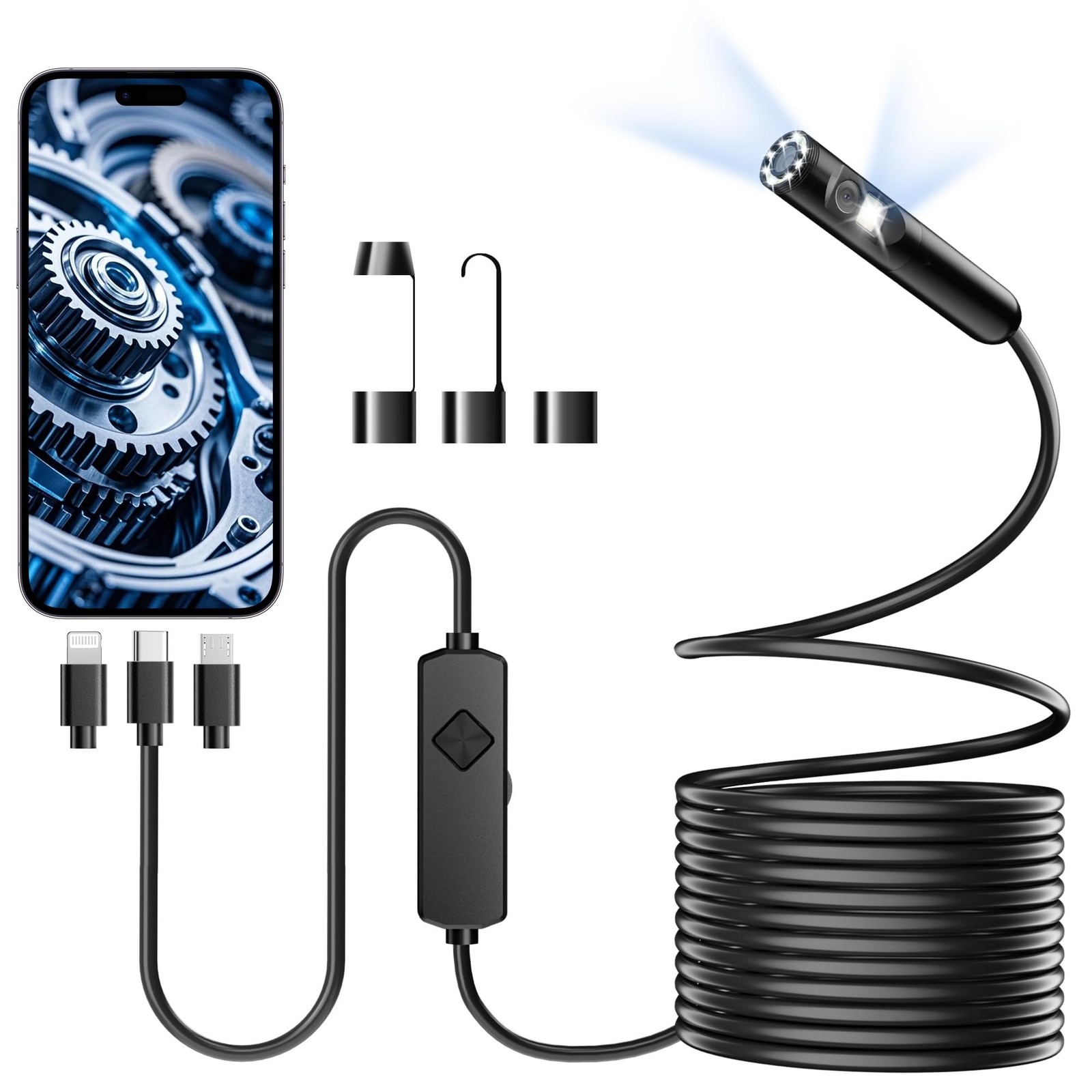 Dual-Lens Endoscope Camera with Light, 1920P HD Borescope with 8 Adjustable L...