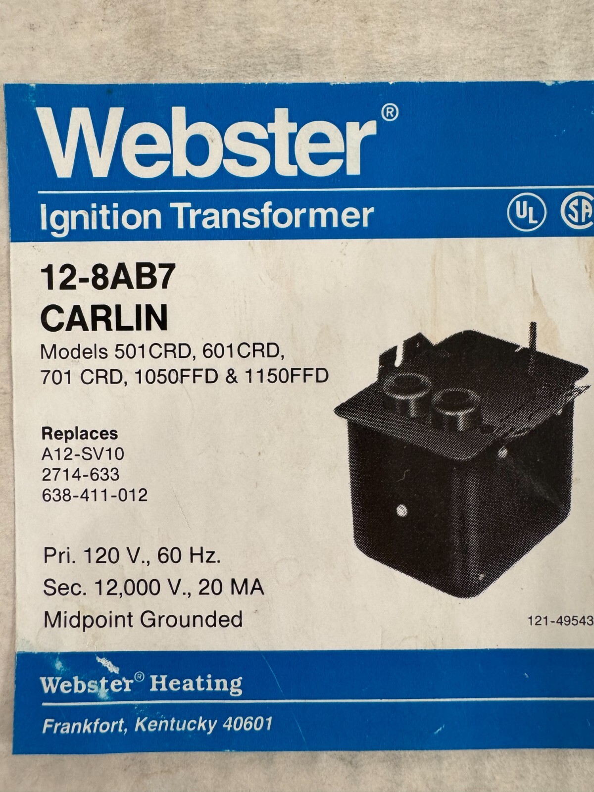 WEBSTER 12-8AB7 CARLIN IGNITION TRANSFORMER 120V MIDPOINT GROUNDED