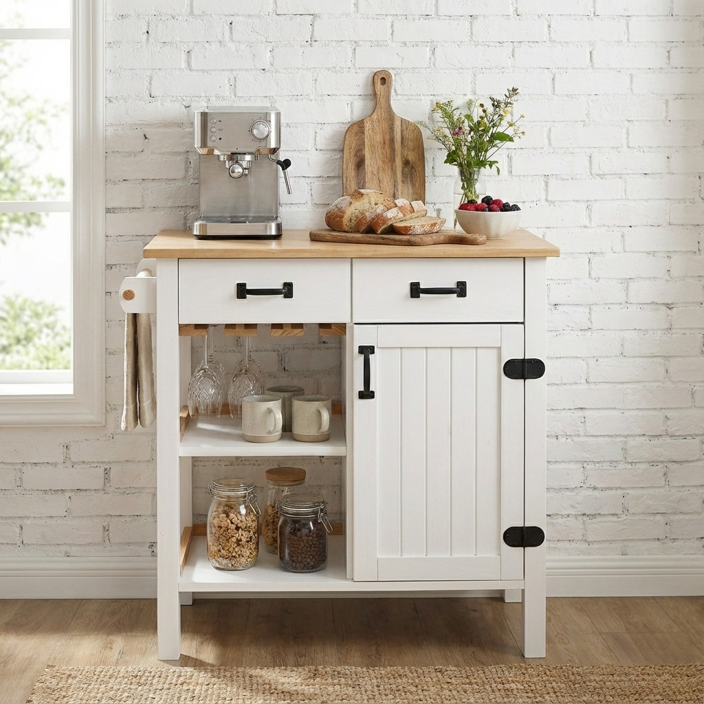 Pine Wood Kitchen Storage Cabinet Island Cart