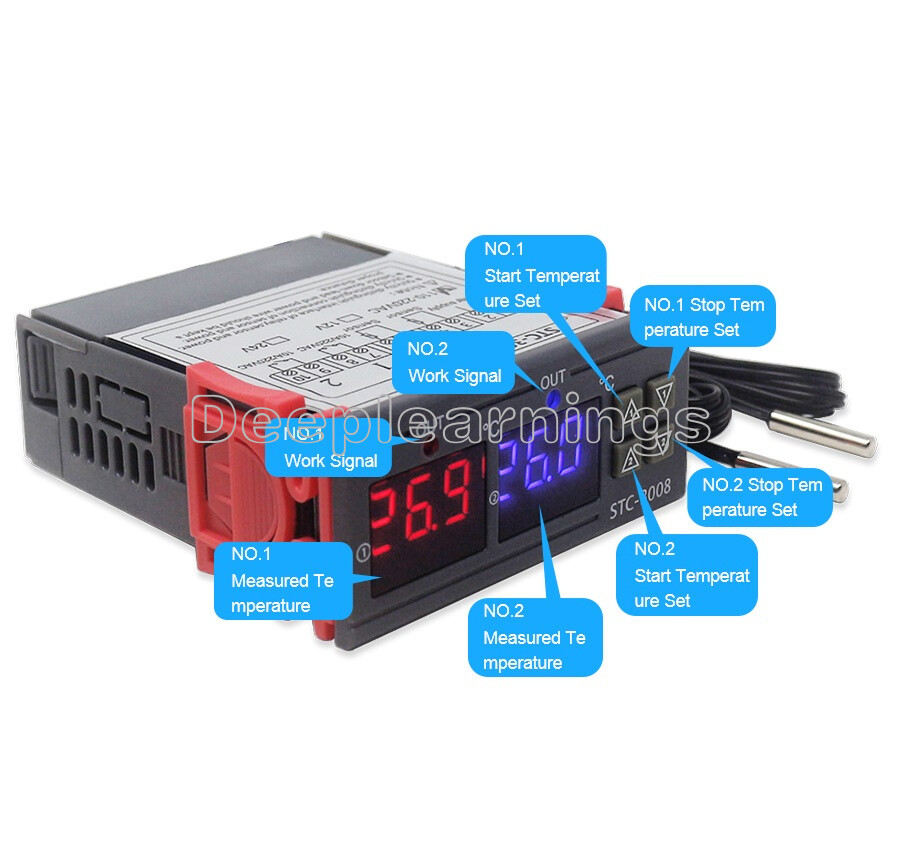 DC 12V Digital STC-3008 LED Display Dual Temperature Thermostat Controller Probe