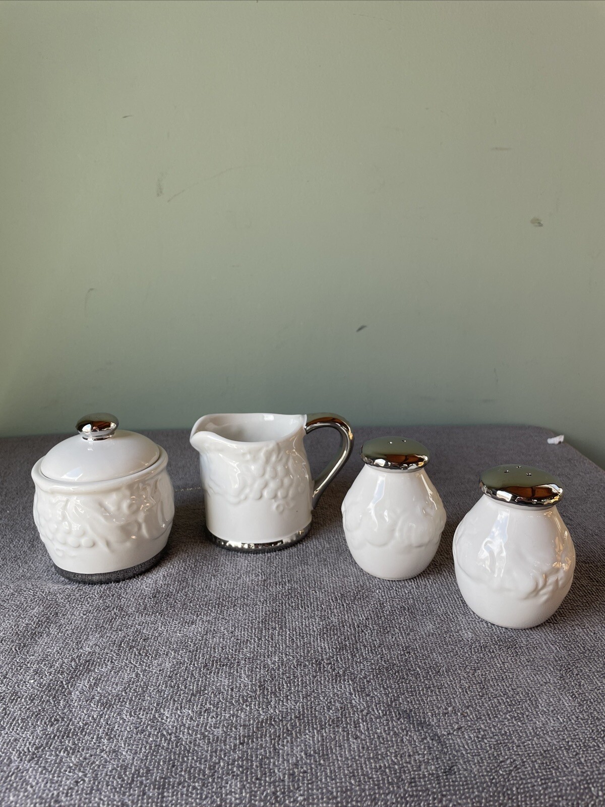 White And Silver Sakura Creamer, Sugar Dish with Lid, Salt and Pepper Shakers
