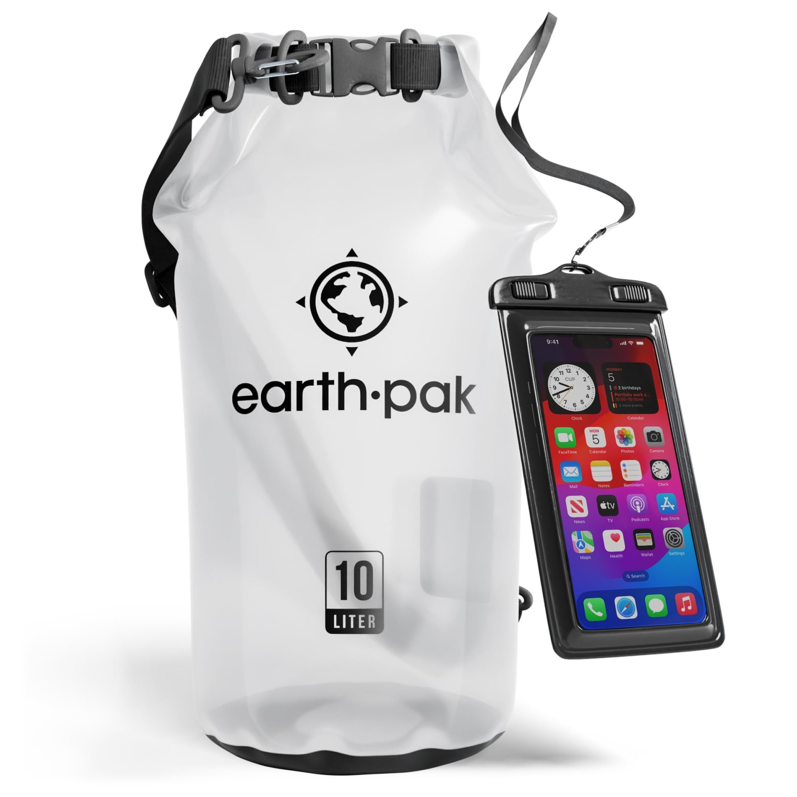 Earth Pak Waterproof Dry Bag - Roll Top Backpack Sack 10L, Clear