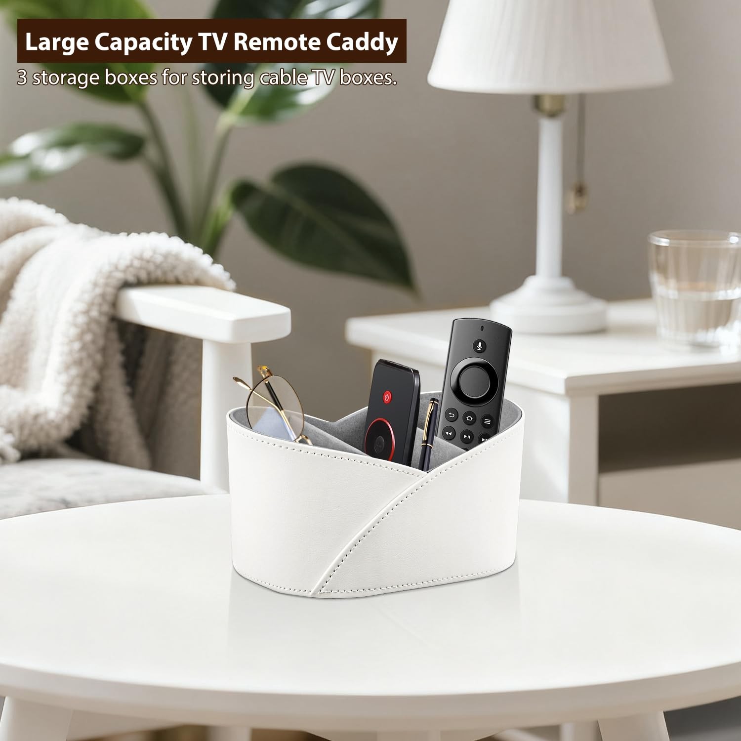 PU Leather TV Remote Control Holder with 3 Compartments, Bedside Table Remote...
