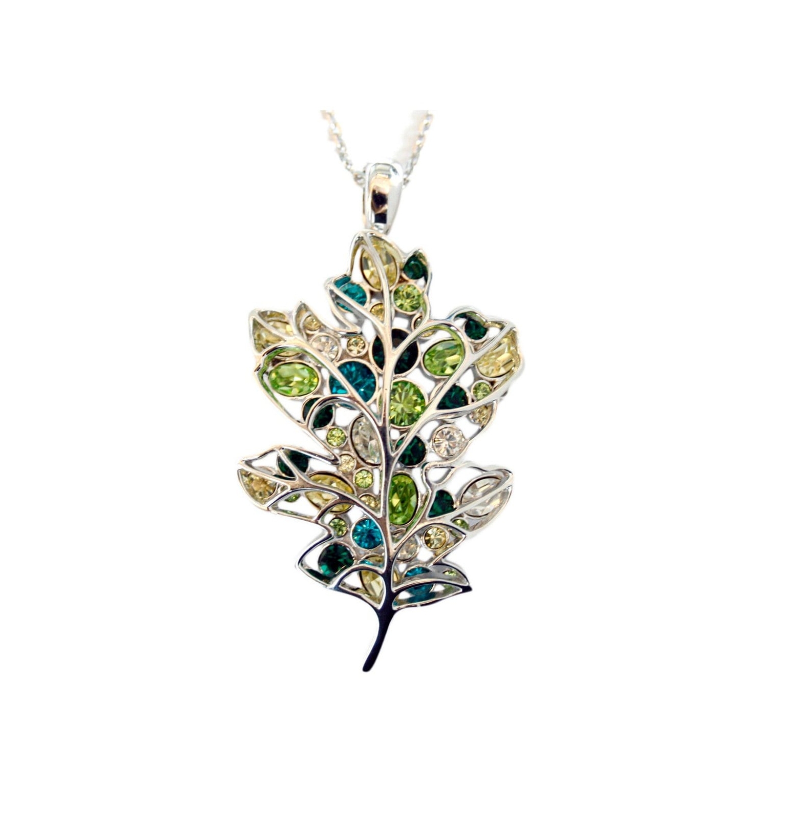 Spring Leaf Pin Brooch Pendant Rhodium Plated Metal Alloy Set With Crystals