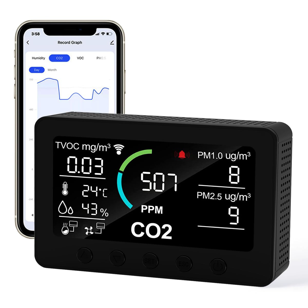 12 in 1 Air Quality Monitor Indoor, with Wifi and App,Air Quality Tester for Hom