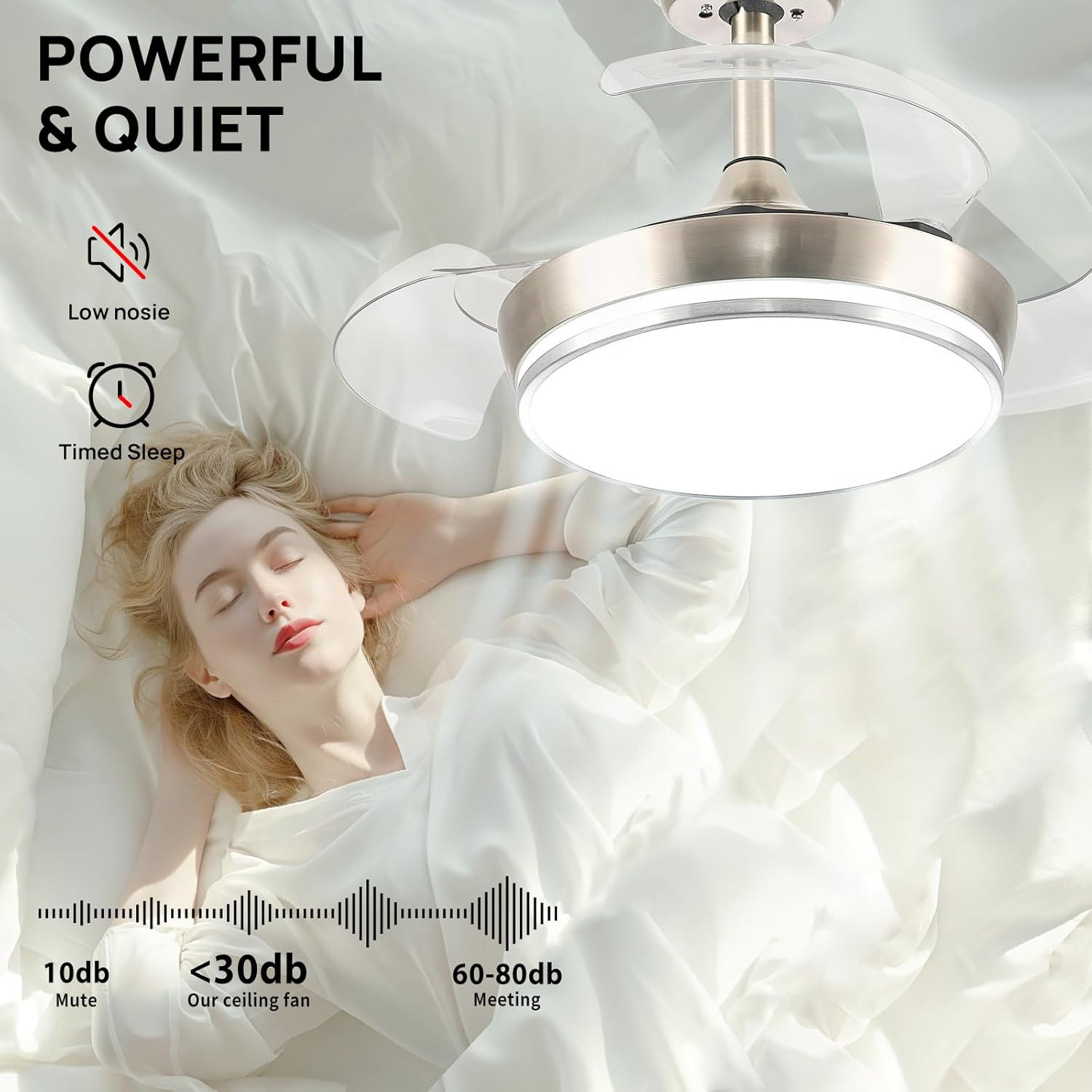 30" Retractable Ceiling Fan with Dimmable LED Light & Remote, 6 Speeds, Brushed