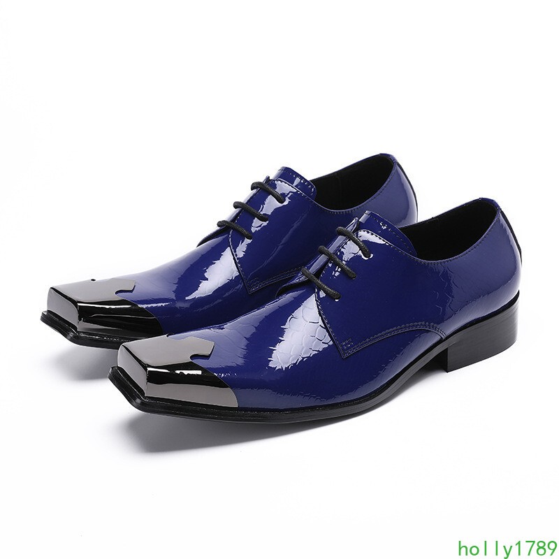 British Metal Square Toe Lace Up Real Patent Leather Mens Shoes Clubwear Oxfords