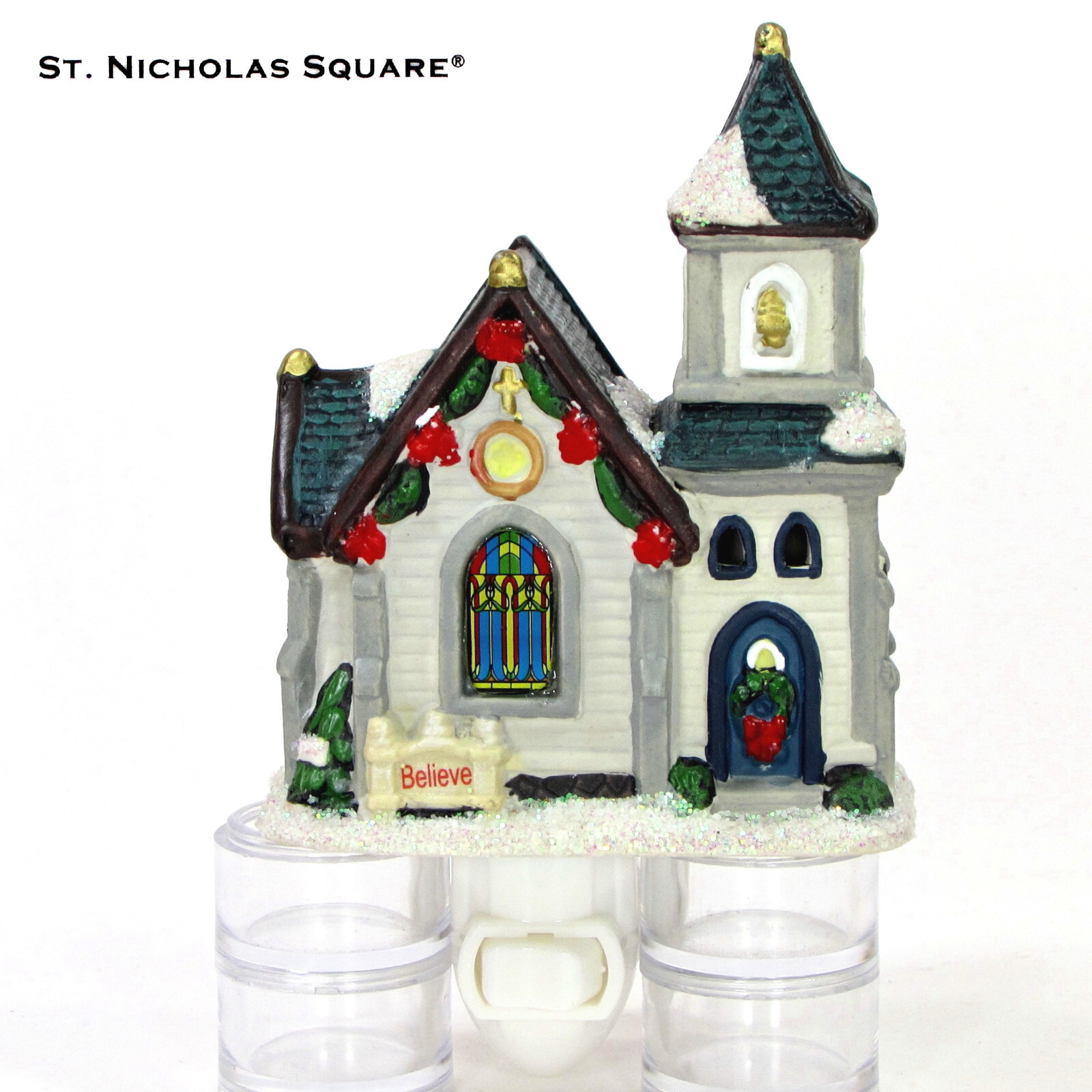 St. Nicholas Square CHURCH 6.25" Night Light Ceramic Believe Christmas MIB