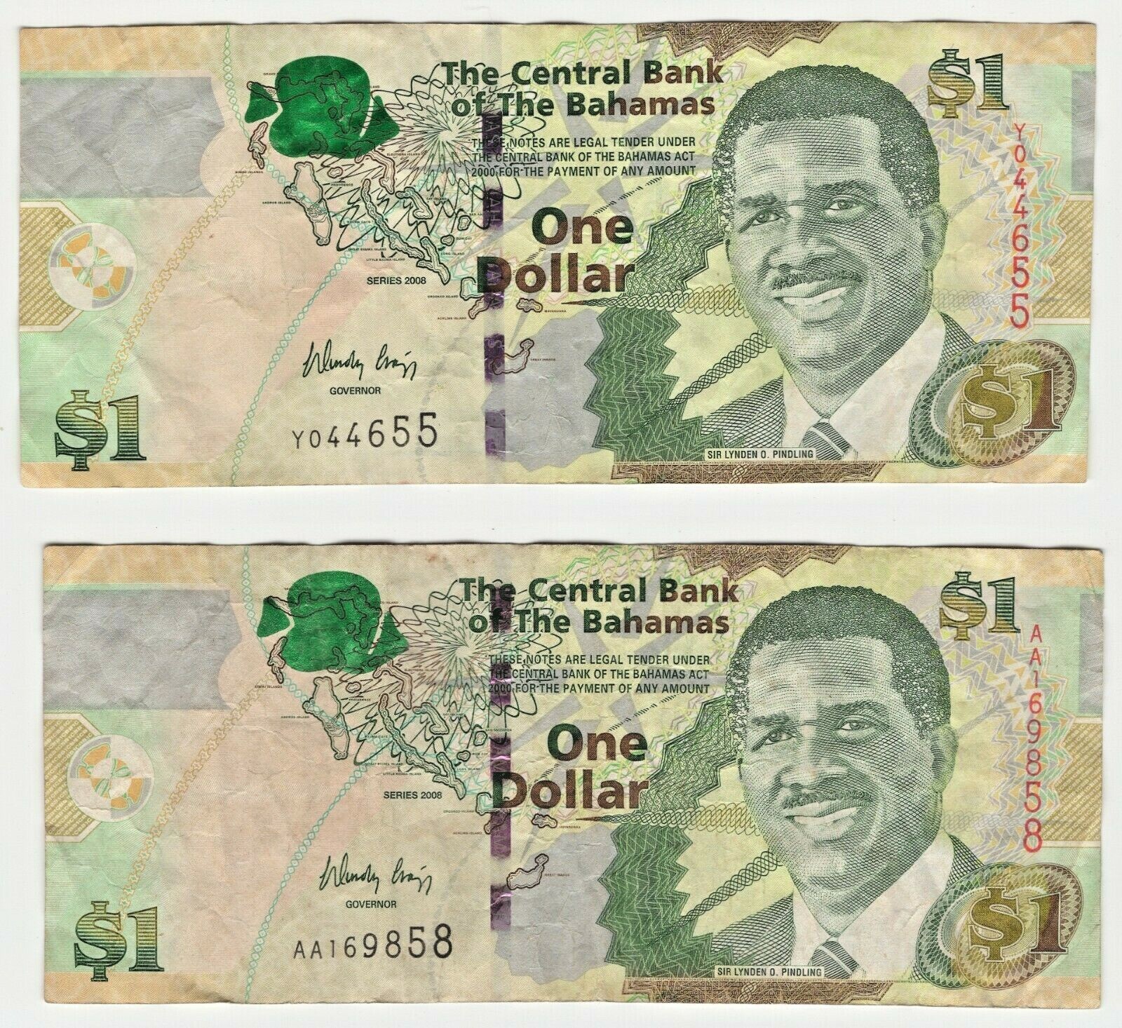 BAHAMAS $1 DOLLAR 2008 AU C PICS VACATION CHANGE 1 LOT OF 2