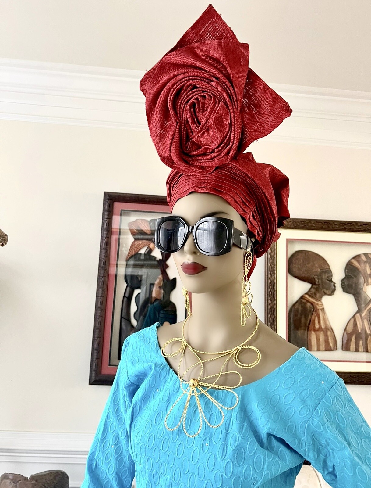 Red Aso Oke Auto Gele,  Mercury Aso Oke Auto Gele, AutoGele, ReadyMade Gele,