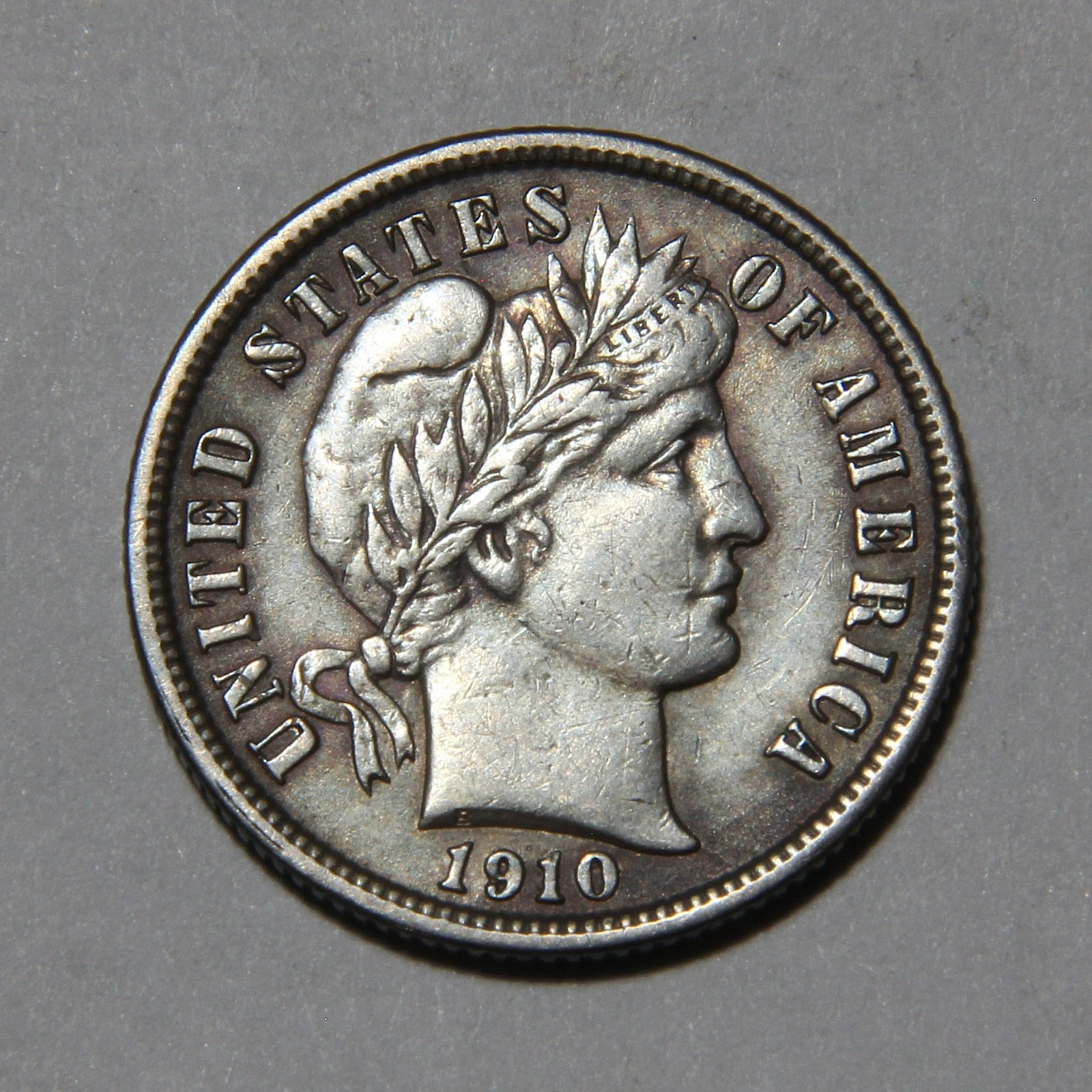 1910-P US Barber Dime 10c Nice AU Details Cleaned / Retoned -289-