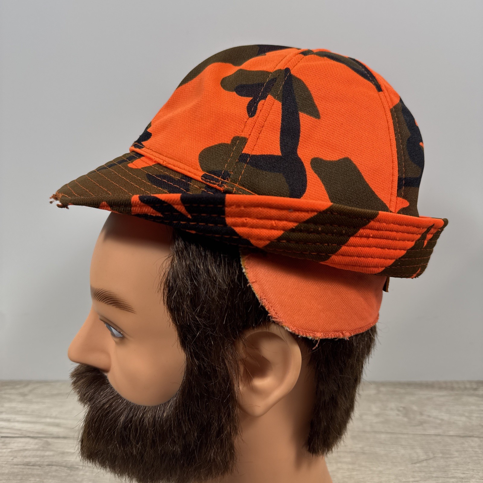 VTG S Orange Camo Jones Hunting Bucket Fedora Hat Insulated Ear Flaps Distressed