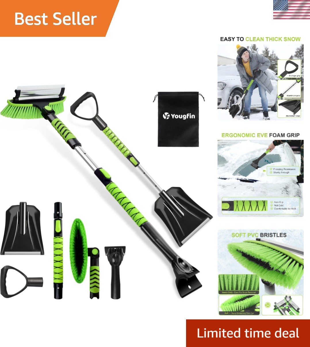 Effortless Snow Removal: 4-in-1 Ice Scraper & Brush with 180° Pivoting Head