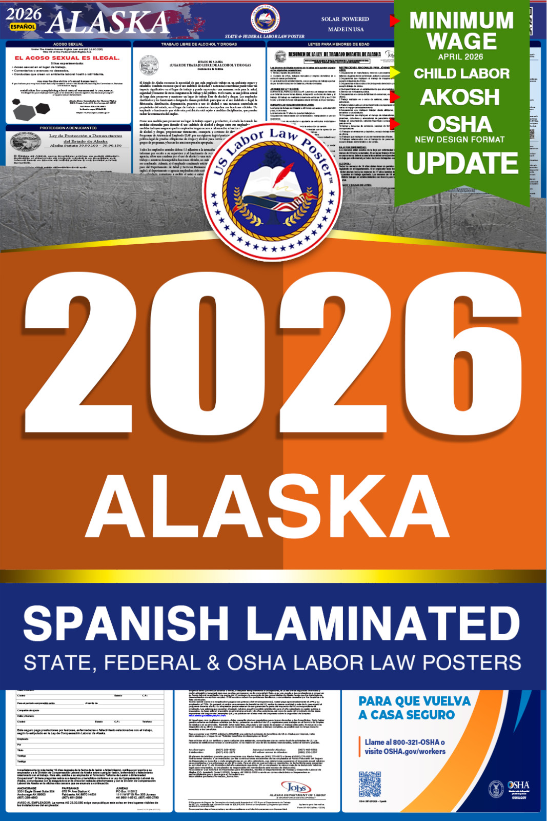 2026 Alaska AK LABOR LAW POSTER (Federal & State) Spanish Laminated