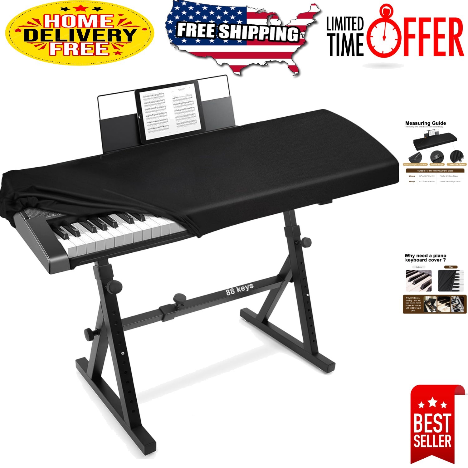 Compact Black Keyboard Cover for 88-Key Digital Pianos with Secure Design